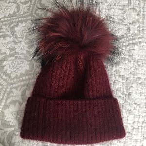 Linda Richards Pom Pom Hat with fur in Wine color.